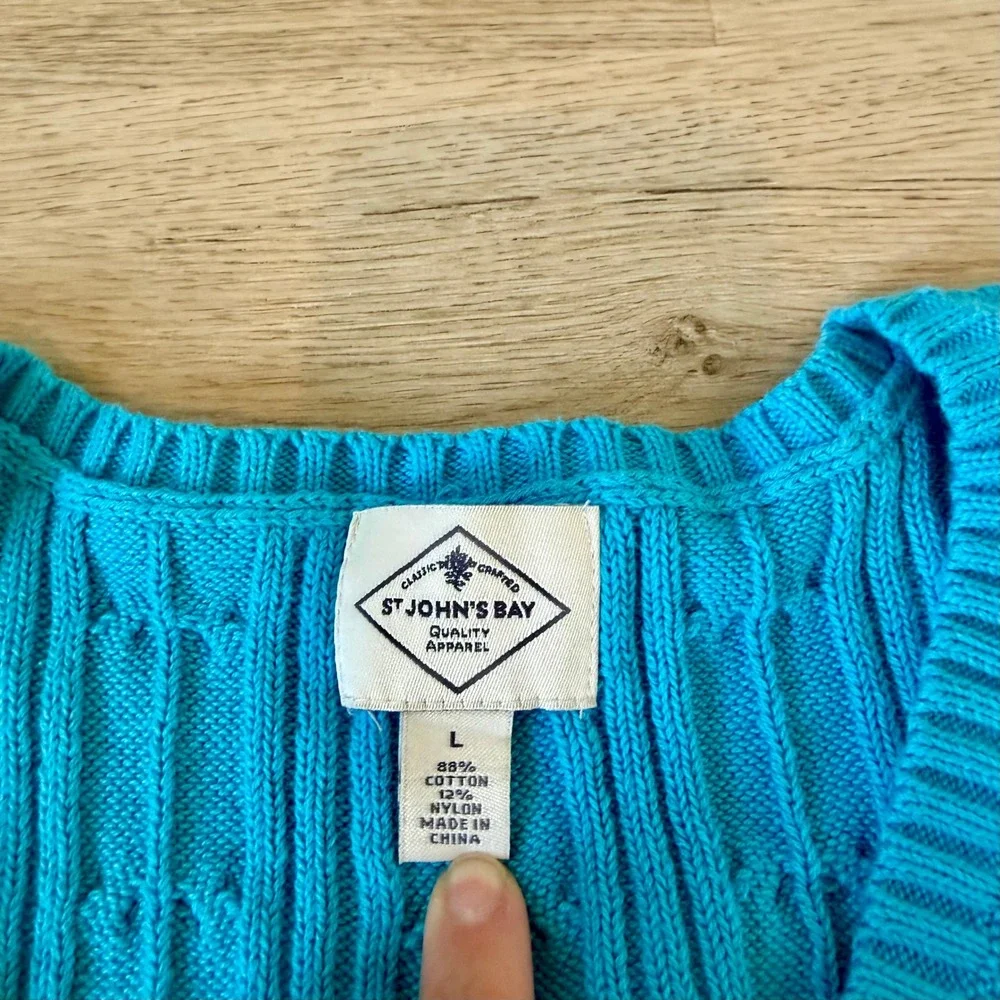 St Johns Bay Womens Turquoise Blue Cable Knit V-Neck Sweater NWT Size L